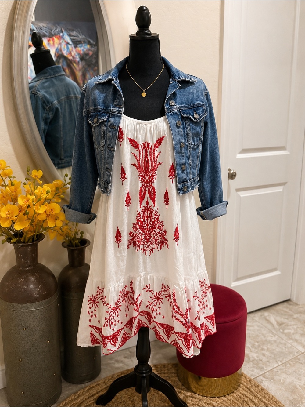 BOHO White and Red Embroidered Mini Dress - Picture 5 of 14
